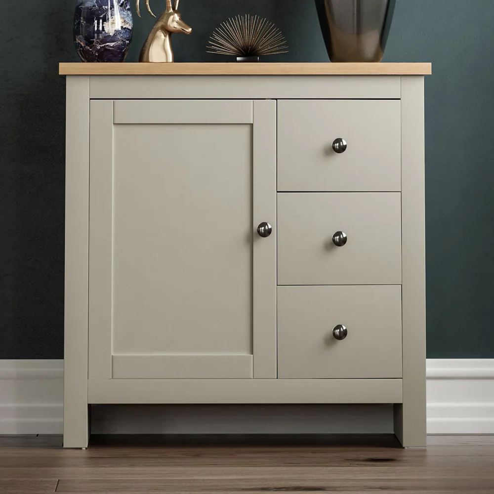(Grey & Oak) Arlington 3 Drawer 1 Door Sideboard Cabinet Oak Top - Image 3