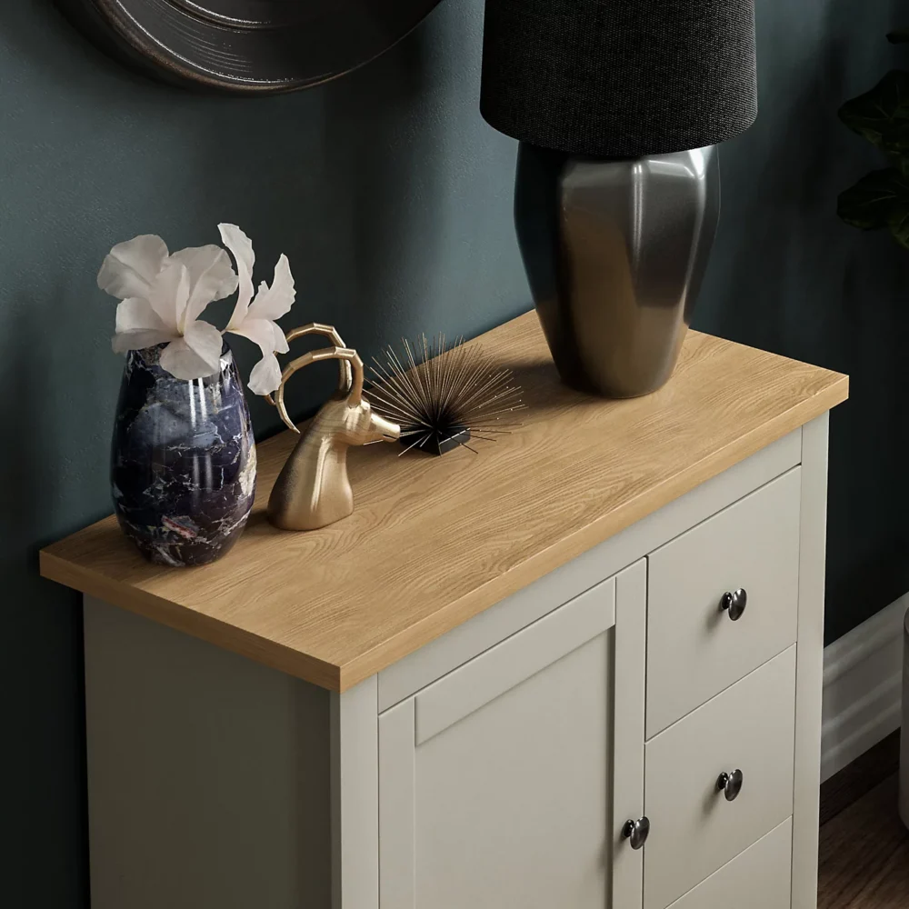 (Grey & Oak) Arlington 3 Drawer 1 Door Sideboard Cabinet Oak Top - Image 4