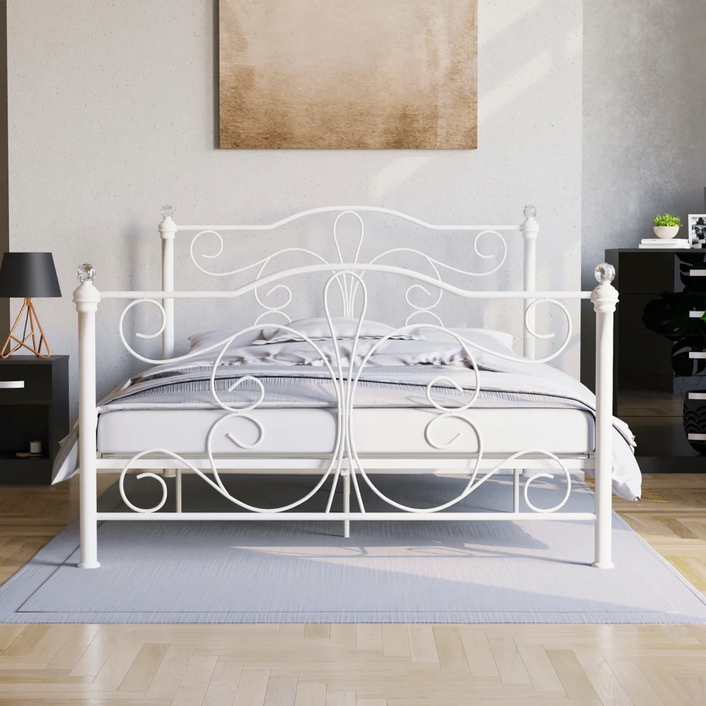 (Double, White) Chicago Metal Bed Frame Crystal Finials Slatted - Image 4