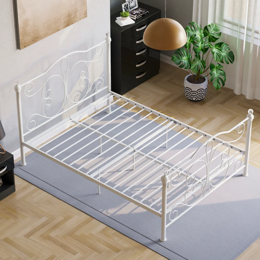 (Double, White) Chicago Metal Bed Frame Crystal Finials Slatted - Image 5