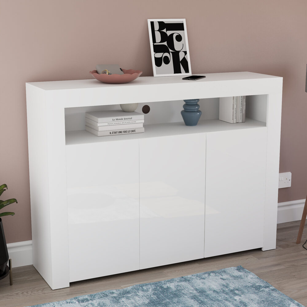 Nova LED Gloss 3 Door Sideboard Cabinet Shelf (White) - Image 2