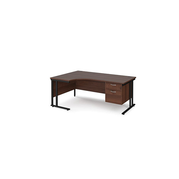 Mr Office Maestro 25 left hand ergonomic desk with 2 drawer pedestal - black cantilever leg, Walnut, 1800